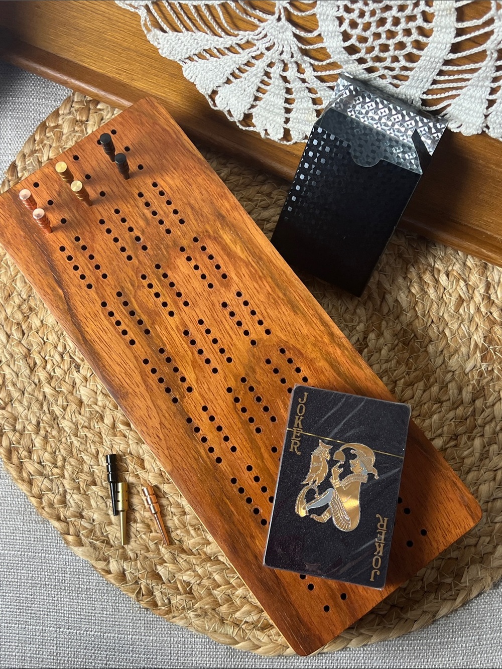 Handmade 3 Player Brazilian Rosewood Cribbage Board with Cards and Pegs